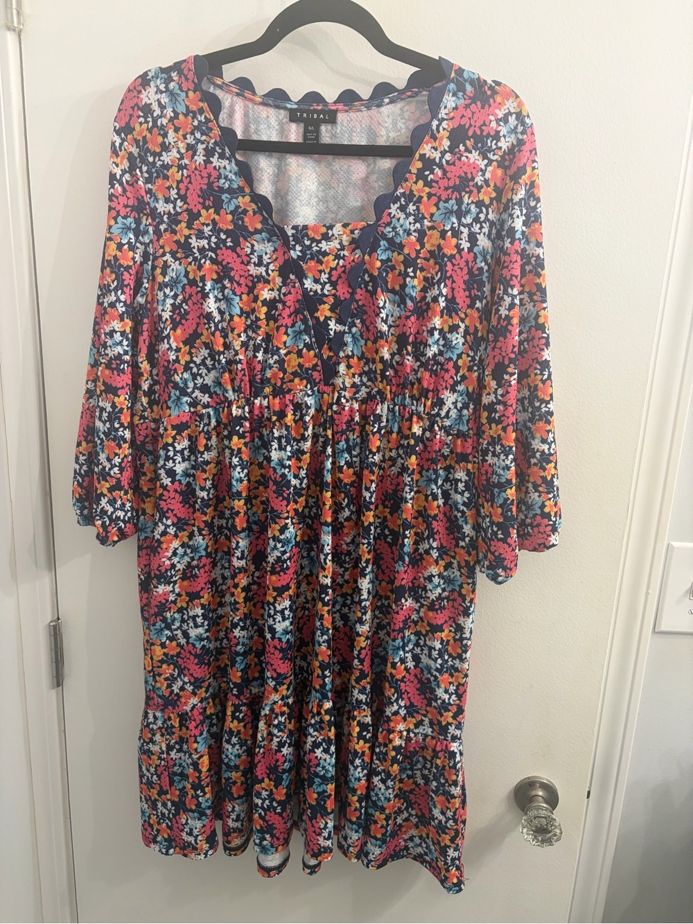 Tribal Navy Floral V-Neck Tiered Long-Sleeve Dress